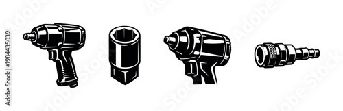 Vector illustration of black and white pneumatic tools and accessories including impact wrench and nozzle