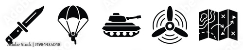 Vector glyphs depicting military elements like a combat knife, paratrooper, battle tank, aircraft propeller, and tactical map, perfect for defensethemed applications, war games, or