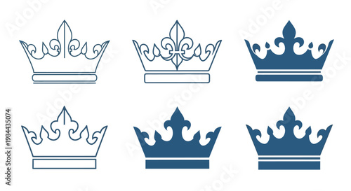 A collection of six different stylized royal crowns in navy blue, arranged in two rows of three, perfect for design projects