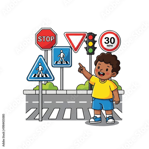 Boy pointing at traffic signs road.