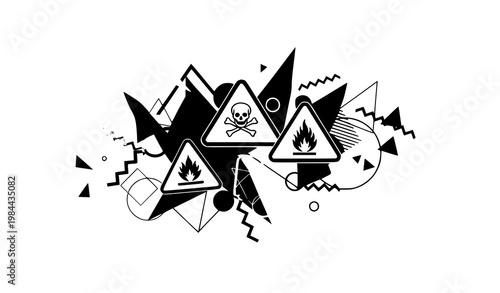 Hazardous chemical warning signs with abstract shapes vector set in trendy flat design