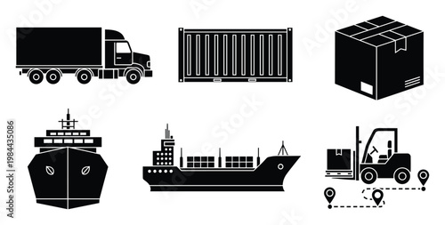 Versatile black icons depicting various aspects of logistics, transportation, and global supply chain services for business applications
