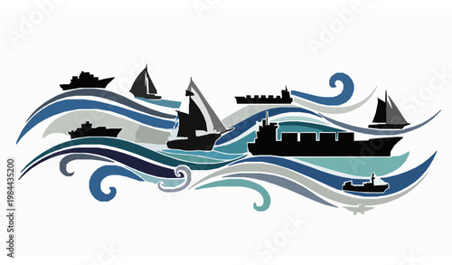 Ship silhouettes with abstract wave elements vector set in modern nautical design style