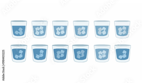 Happy water glass icon grid vector set with ice cubes in minimal flat hydration design