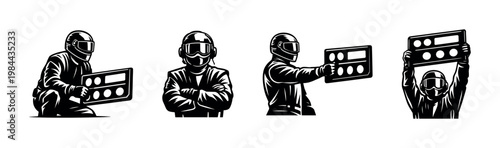 Motorsport pit crew in action black and white vector silhouette illustrations set