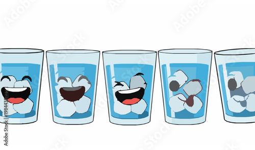 Happy water glasses with ice cubes horizontal lineup vector with cute hydration characters