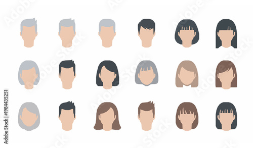 Minimal male female avatar icon grid vector set with clean modern flat people faces design