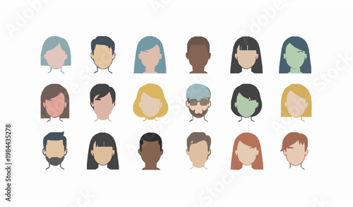 Symmetrical male female avatar faces vector set with modern flat people icon design