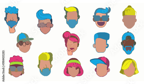 Trendy male female avatar sticker style vector set with playful face icons and expressions