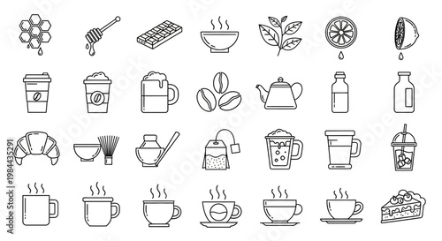 Collection of Line Icons Representing Hot and Cold Beverages, Coffee, Tea, Sweets, and Breakfast Items