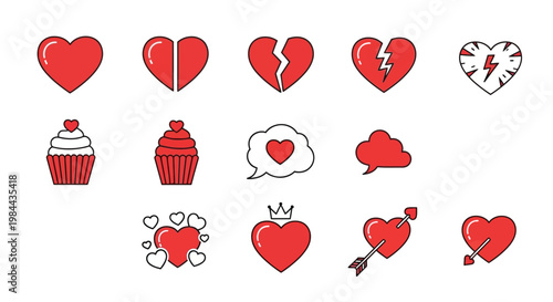 Diverse red heart vector icons illustrating varied emotions of love from complete affection and sweet romance to passionate moments and symbolic heartbreak, ideal for modern graphic design projects