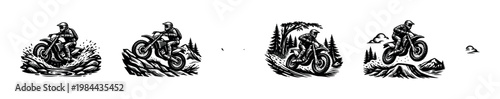 Set of black and white motocross illustrations with riders in various landscapes silhouette vector art