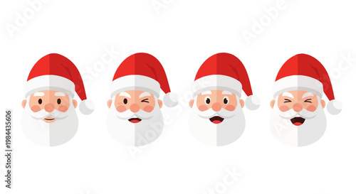 A delightful collection of expressive Santa Claus cartoon faces, showcasing various cheerful holiday emotions from winking to joyful laughter, ideal for festive greetings and seasonal graphic designs