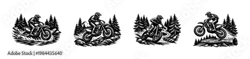 Motorcyclist performing stunts forest background black and white vector illustration