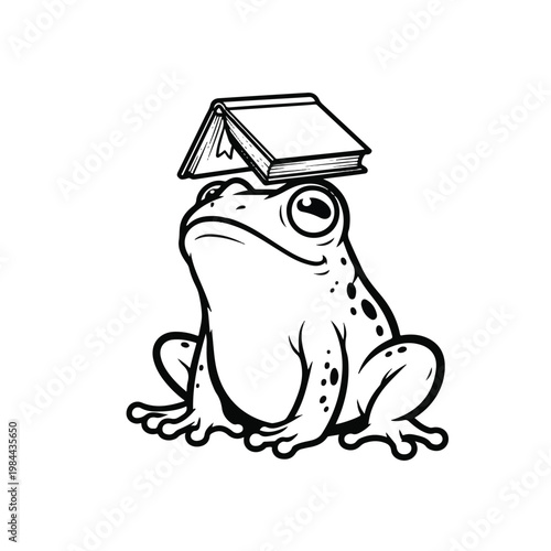Frog sitting with book on head.