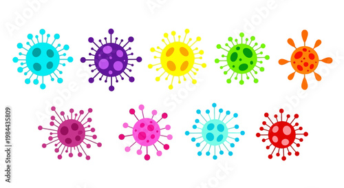 Colorful array of abstract microscopic organisms illustrating various pathogen types and infectious agents for medical and health-related design concepts
