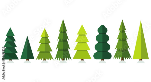 Collection of stylized evergreen coniferous trees in various shapes and sizes, perfect for winter or nature-themed designs