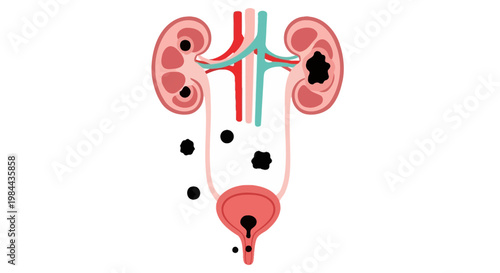 Illustration of human urinary system with kidney stones and bladder stones, medical diagram of urinary tract stones