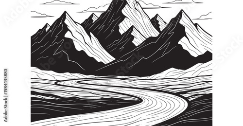 A black and white drawing of a mountain range with a winding road