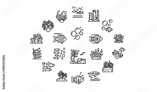 Modern ocean ecosystem monoline icon set with marine biodiversity symbols and minimal outline vector design