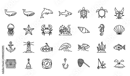 Minimal marine life and ocean monoline icons set with sea animals nautical elements and clean outline vector collection