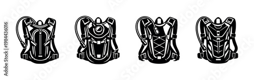 Vector illustration of four hydration backpacks black and white silhouette design