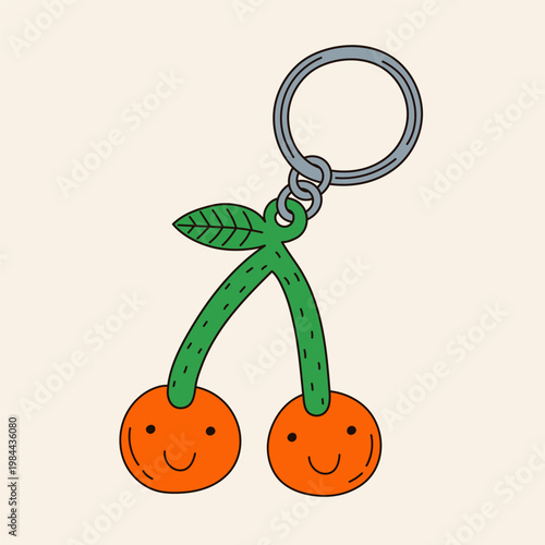 Hand-drawn funny illustration of cherry keychain. Quirky weird accessory element. Y2k colourful pendant. Trinket vector drawing