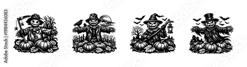 Vector halloween scarecrow silhouettes with pumpkins and bats black and white illustration