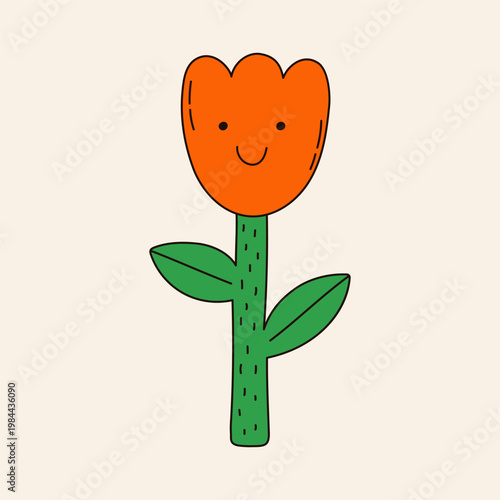 Hand-drawn funny illustration of cute flower. Quirky weird tulip with smile. Y2k colourful plant vector drawing