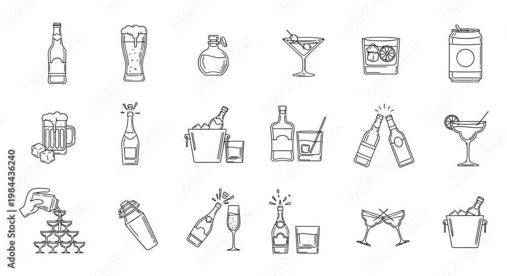 Obraz premium Line art icons featuring various alcoholic beverages and drinking scenes. Includes beer, wine, cocktails, champagne, bottles, and glasses, perfect for party and bar-themed designs