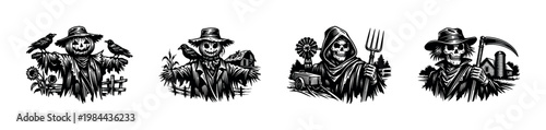 Black and white skeleton and scarecrow vector illustrations, rustic farm elements, silhouette style