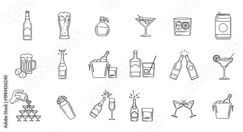 Line art icons featuring various alcoholic beverages and drinking scenes. Includes beer, wine, cocktails, champagne, bottles, and glasses, perfect for party and bar-themed designs