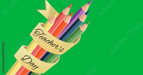 Teachers day text over yellow ribbon wrapped around multiple colored pencils icons