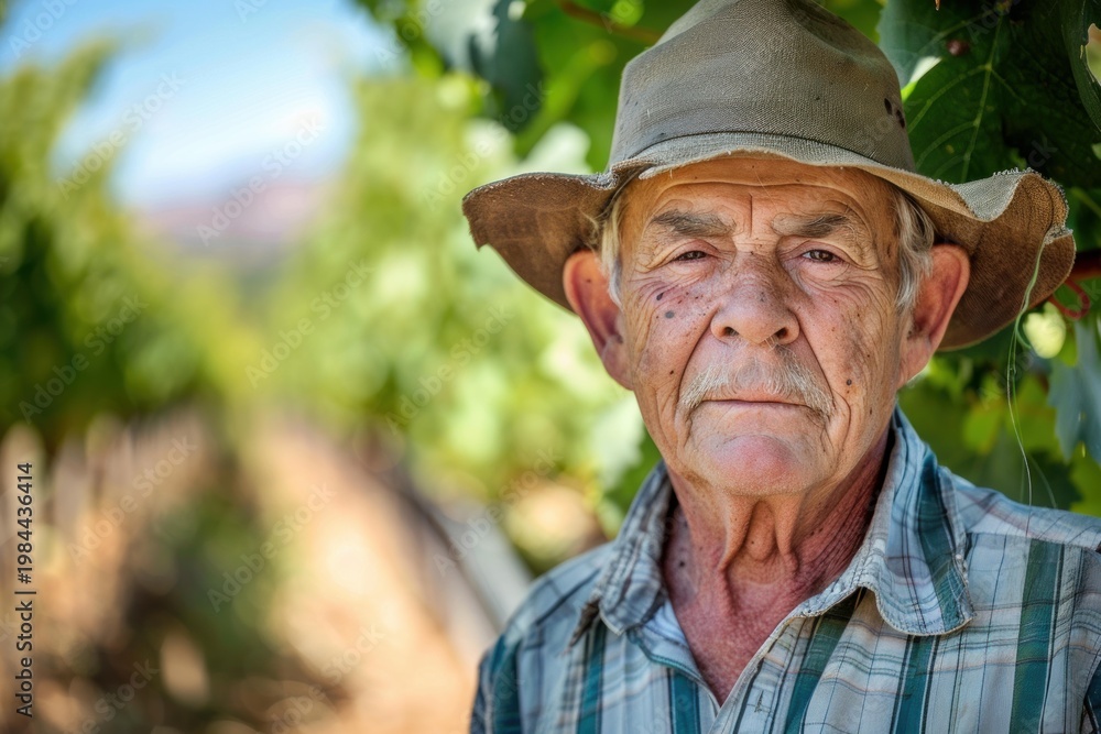 Fototapeta premium Senior farmer standing in his vineyard, enjoying a successful harvest season