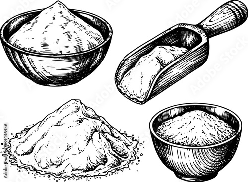Hand-drawn of flour piles, bowls, and scoop white background, powder ingredient baking