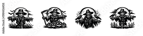 Halloween scarecrow illustrations with pumpkins and ravens silhouette style black and white vector art