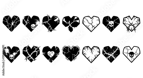 Set of 12 Cracked Heart Icons with Skull and Lightning Designs in Black and White