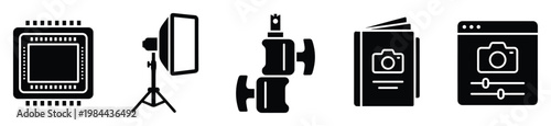 Comprehensive photography equipment and digital image processing tools vector icons for professional studio setup, digital imaging, and photographic production concepts