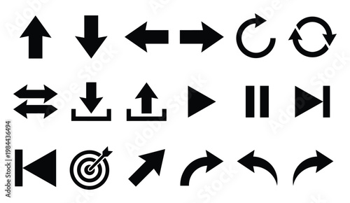 Comprehensive collection of essential navigation arrows, media player controls, and directional symbols for digital interface design, operational commands, and informational graphics.