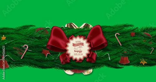 Merry christmas and happy new year text banner over decorated green tree branch