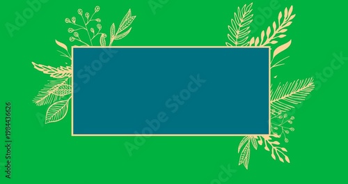 Digital animation of banner blue with copy space against golden floral design on black background