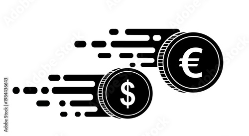 Expedited financial transactions showcasing fast money transfer with dollar and euro coins, symbolizing quick global currency exchange and digital payments