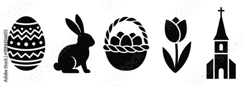Timeless Easter holiday symbols featuring a decorated egg, a charming bunny, a basket with eggs, a blooming tulip, and a church, excellent for festive celebration themes and seasonal