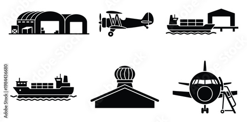 Essential transportation and logistics icons including aircraft, cargo ships, and warehouse buildings, ideal for depicting global freight, delivery, and industrial supply chain concepts.