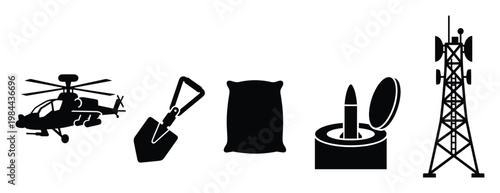 Diverse collection of essential military and infrastructure icons including attack helicopter, tactical shovel, heavy duty sandbag, mortar shell, and communication tower for defense