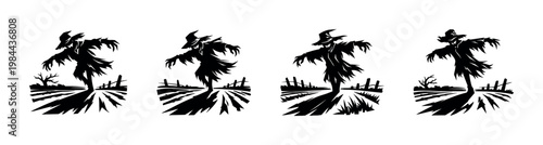 Spooky silhouette of scarecrow set, halloween themed illustration, vector elements for decoration