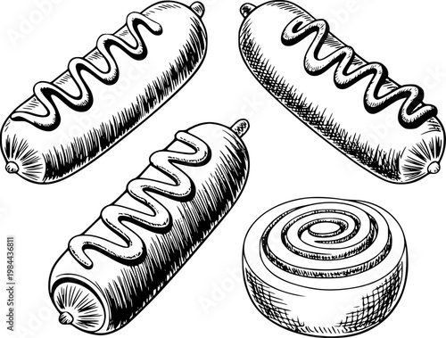 Hand-drawn sausages with swirls of mustard and a cinnamon roll food
