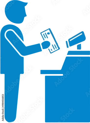 Blue icon illustration of a person holding a document for scanning at a service counter or checkout desk.