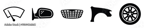 Various automotive parts icons for vehicle repair and maintenance applications, including windshield wiper, side mirror, car grille, fender, and wheel symbols, ideal for websites or service