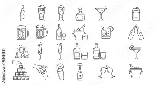 Vector icons of alcoholic and non-alcoholic drinks with ice, glassware, and bar tools, perfect for menus, apps, and websites